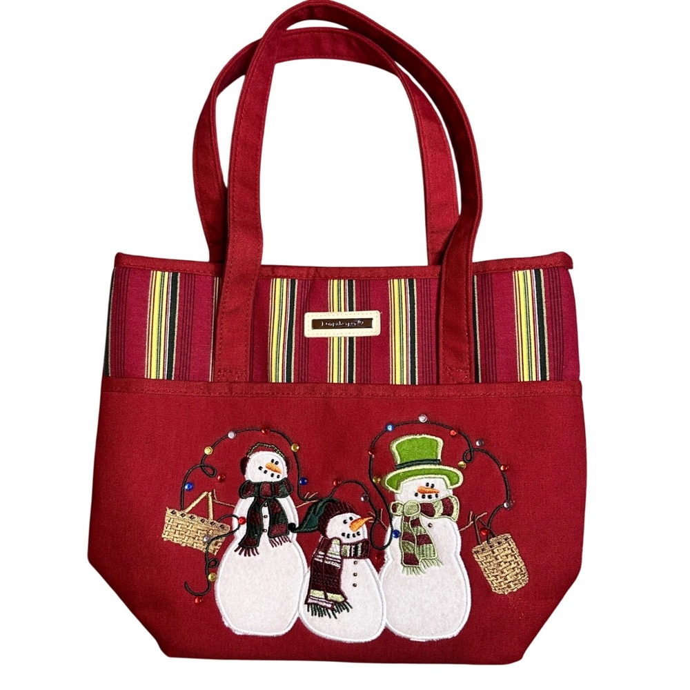 Longaberger Holiday Snowman Tote‎ Bag Red Striped Canvas Christmas Embroidered